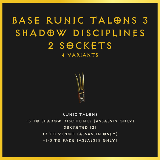 Base Runic Talons +3 Shadow Disciplines & 2 Sockets