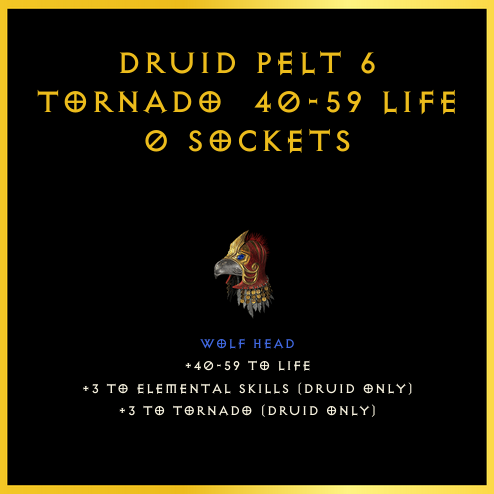 Druid Pelt +6 Tornado & 40-59 Life & 0 Sockets