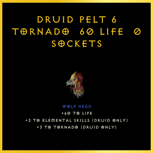 Druid Pelt +6 Tornado & 60 Life & 0 Sockets