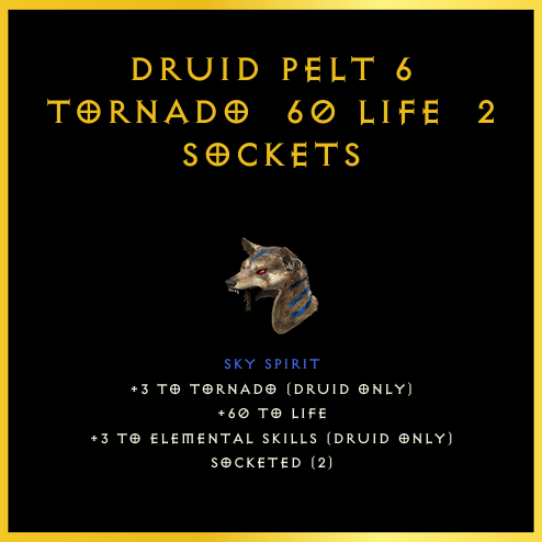 Druid Pelt +6 Tornado & 60 Life & 2 Sockets